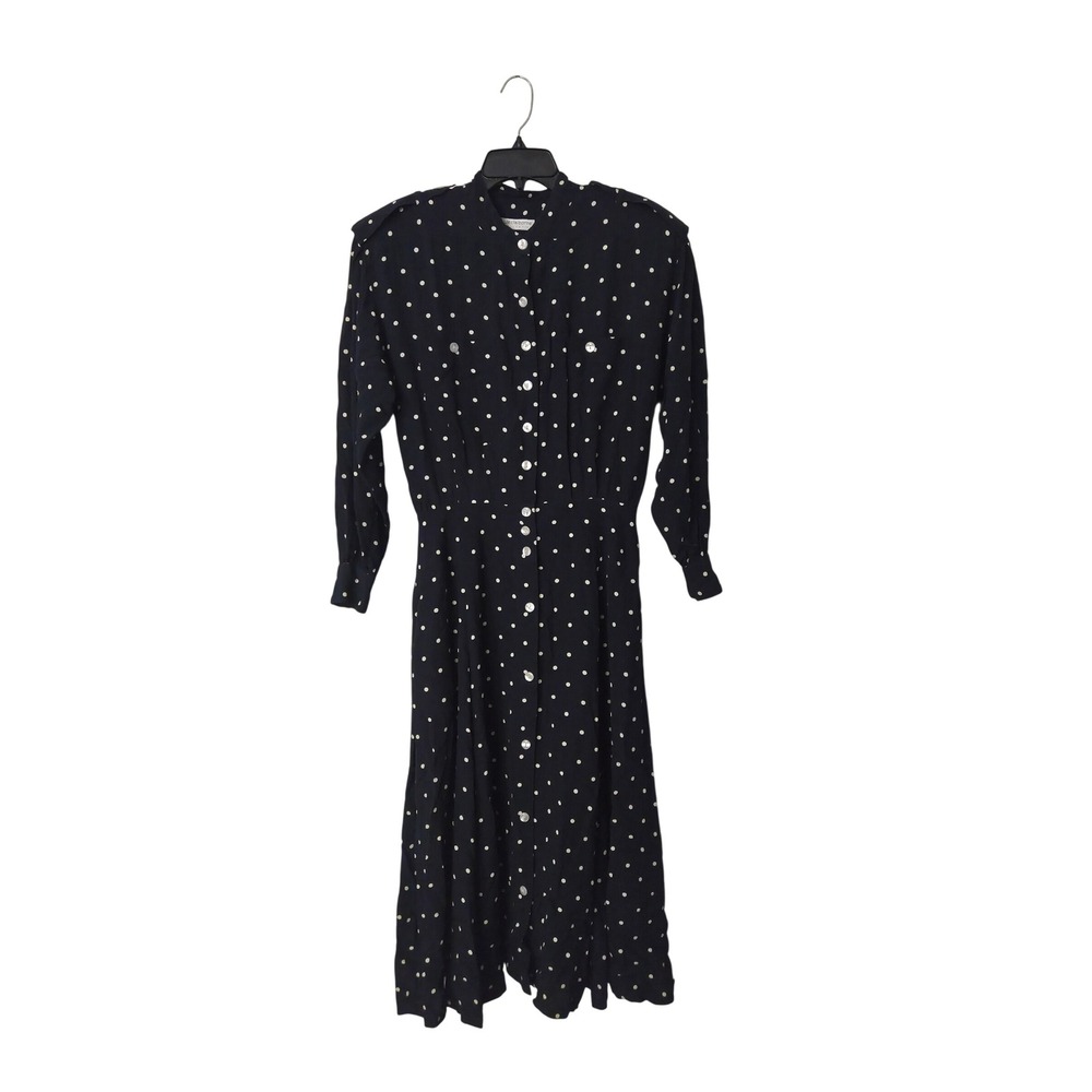 Liz Claiborne Collection Vintage Navy Polka Dot Button Front Midi Dress  12
